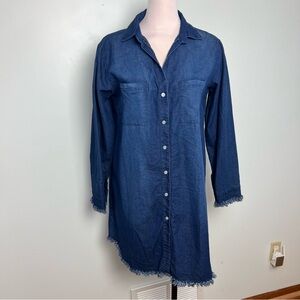 Francis Cabral Chambray Button Front Shirt Dress Frayed Hem Size Large